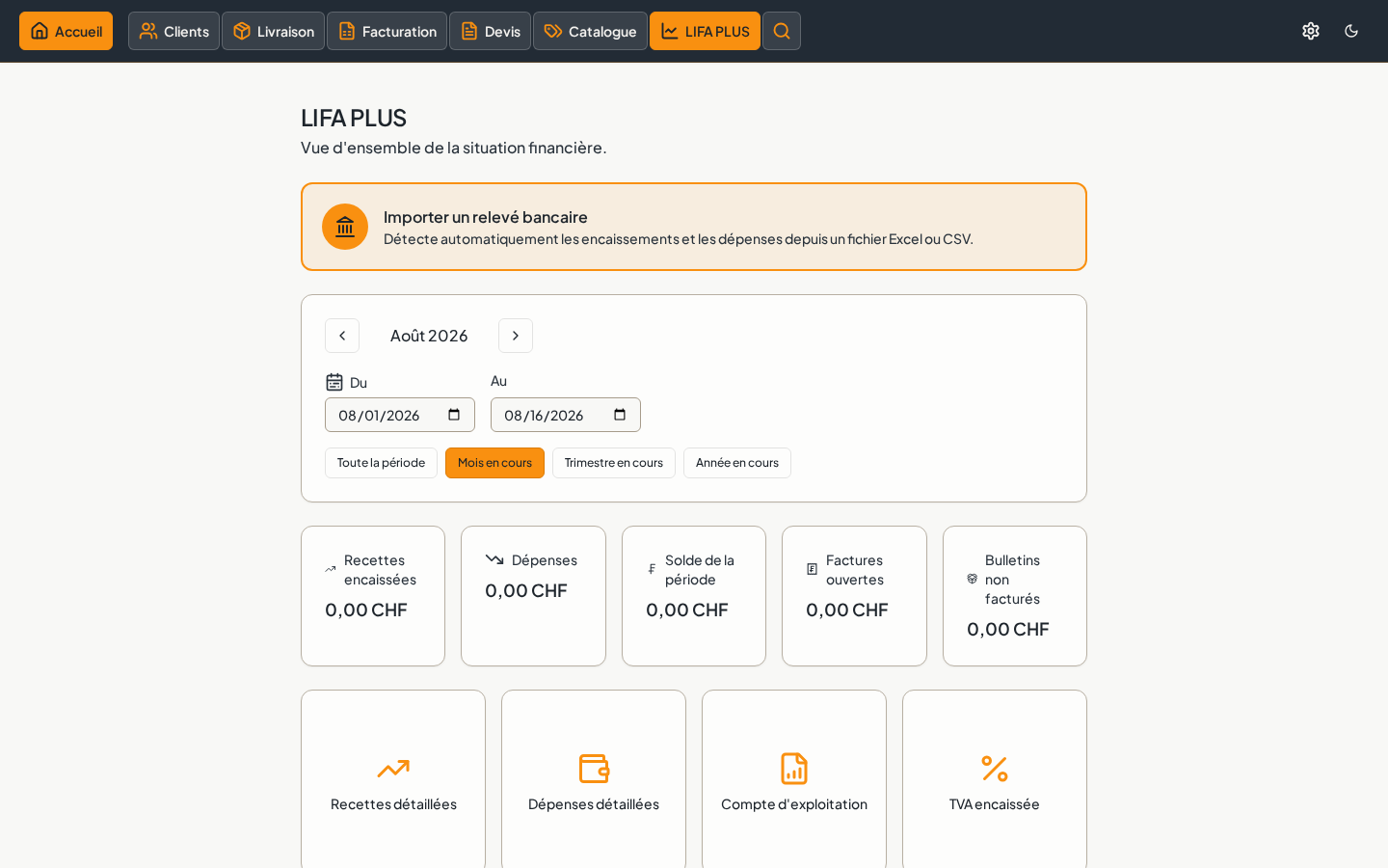 Tableau de bord du module LIFA PLUS avec recettes, dépenses et compte d'exploitation